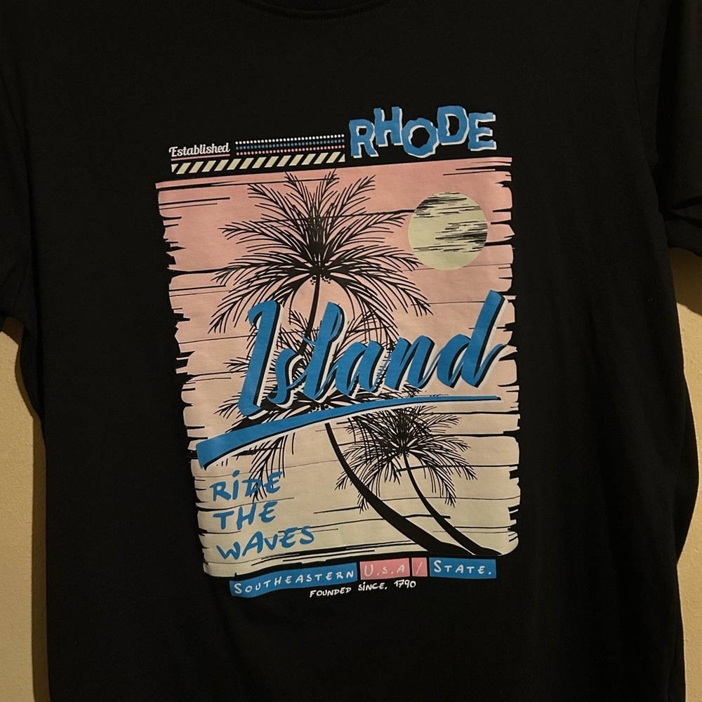 Black Graphic Tee with Blue and Pink Accents